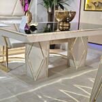 Sufragerie de lux PALAZZO MDF lacuit crem si profiluri metalice aurii