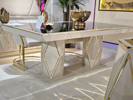 Sufragerie de lux PALAZZO MDF lacuit crem si profiluri metalice aurii