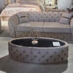 Canapea extensibila de lux HILTON stofa crem cu accente aurii si capitonaj Chesterfield Stildeco