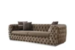 Canapea 3 locuri maro catifea capitonaj chesterfield manual cu picioare metalice