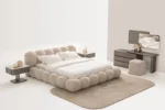 Set dormitor modern COCO cu pat tapitat rotund bouclé si masa de toaleta Stil Deco Mobila