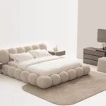 Set dormitor modern COCO cu pat tapitat rotund bouclé si masa de toaleta Stil Deco Mobila