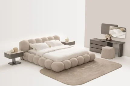 Set dormitor modern COCO cu pat tapitat rotund bouclé si masa de toaleta Stil Deco Mobila
