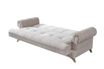 Canapea 3 locuri bej DALLAS cu brate plisate si perne aurii decorative