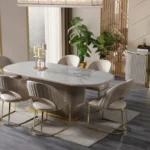 Scaun dining confortabil tapitat MARA cu structura metalica aurie