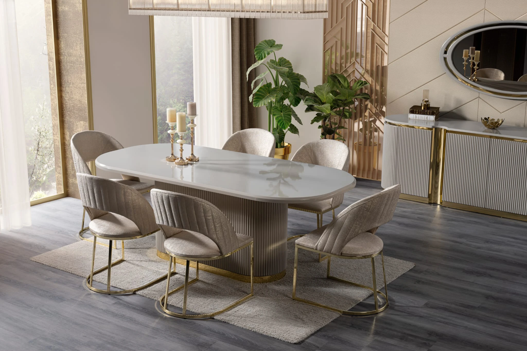 Sufragerie Mara 01 Scaun dining confortabil tapitat MARA cu structura metalica aurie