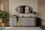 Scaun dining confortabil tapitat MARA cu structura metalica aurie