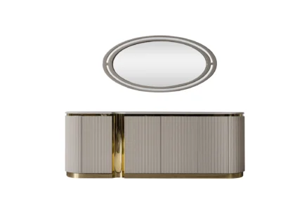 Set sufragerie complet modern MARA masa ovala scaune tapitate si bufet Stil Deco Mobila