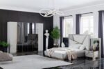 Set dormitor de lux VERSUS MDF lacuit cu accente titanium si sifonier sticla fumurie StilDeco Mobila