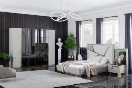 Set dormitor de lux VERSUS MDF lacuit cu accente titanium si sifonier sticla fumurie StilDeco Mobila