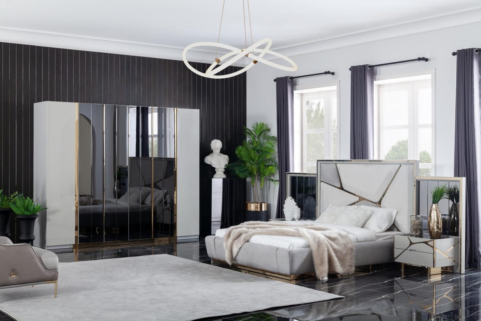 urun-sirius-yatak-odasi-takimi-01-1-1536x1024 Set dormitor de lux VERSUS MDF lacuit cu accente titanium si sifonier sticla fumurie StilDeco Mobila
