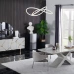 Set sufragerie complet VERSUS masa dining scaune tapitate si bufet cu accente titanium Stildeco
