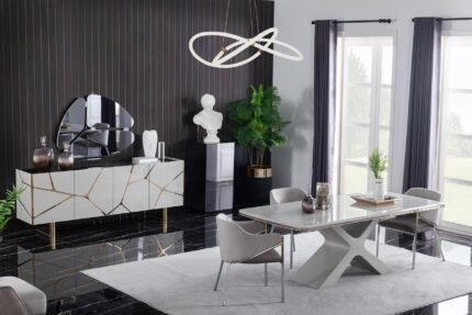 Set sufragerie complet VERSUS masa dining scaune tapitate si bufet cu accente titanium Stildeco