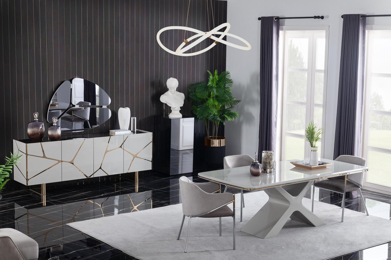urun-sirius-yemek-odasi-takimi-01-1 Set sufragerie complet VERSUS masa dining scaune tapitate si bufet cu accente titanium Stildeco